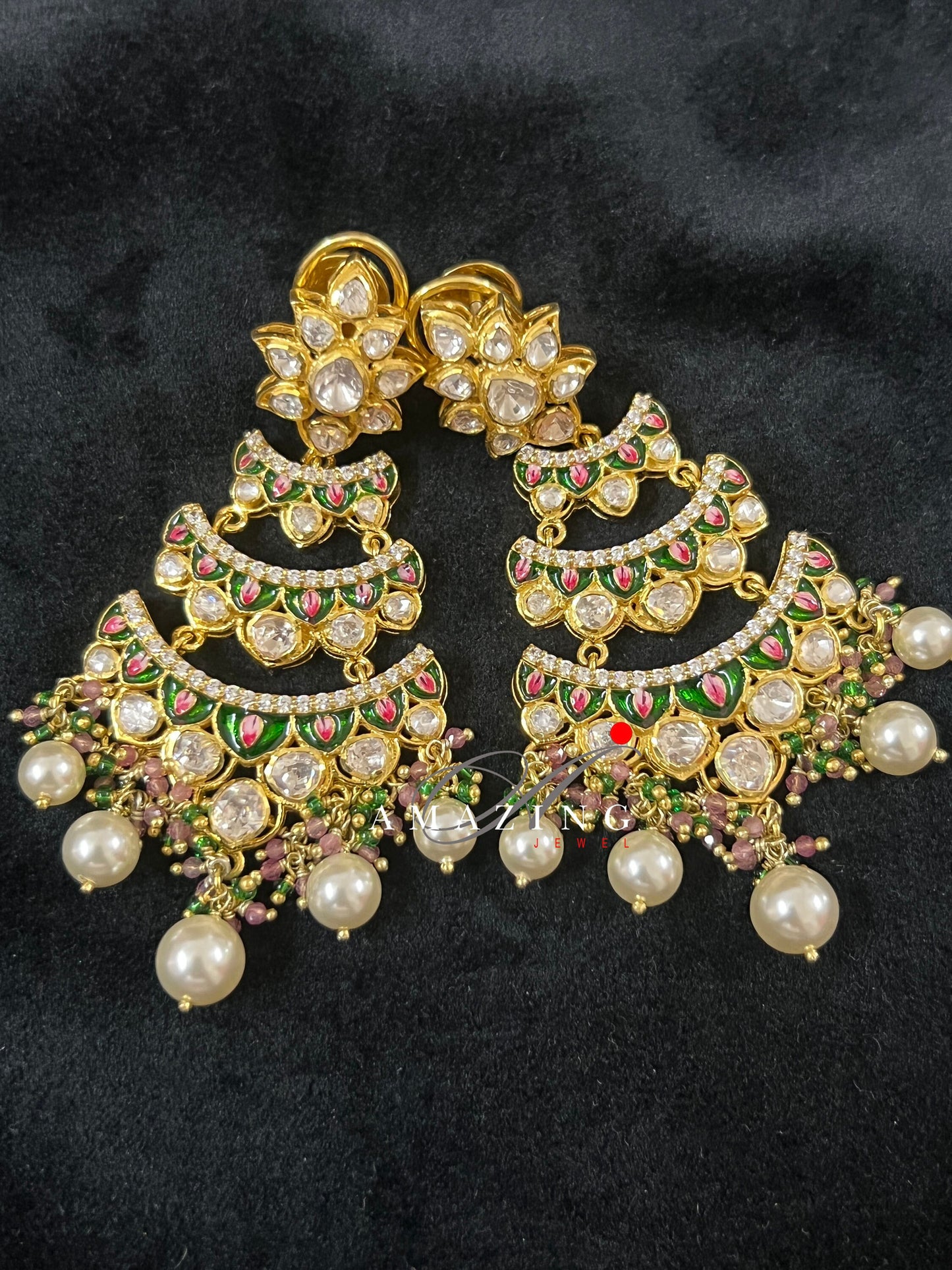 Silver Moissanite Polki with Enamel Earring, Moissanite Polki Earring, Chandelier Earrings,Bridal Jewelery, Sterling Silver Kundan Earring,