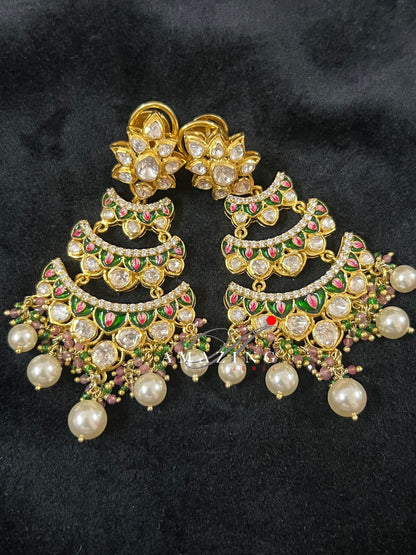 Silver Moissanite Polki with Enamel Earring, Moissanite Polki Earring, Chandelier Earrings,Bridal Jewelery, Sterling Silver Kundan Earring,