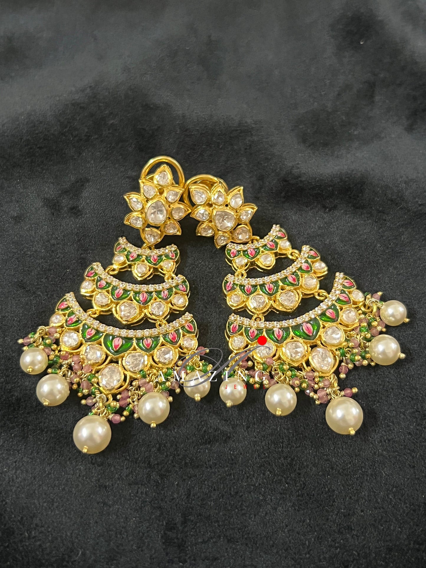 Silver Moissanite Polki with Enamel Earring, Moissanite Polki Earring, Chandelier Earrings,Bridal Jewelery, Sterling Silver Kundan Earring,