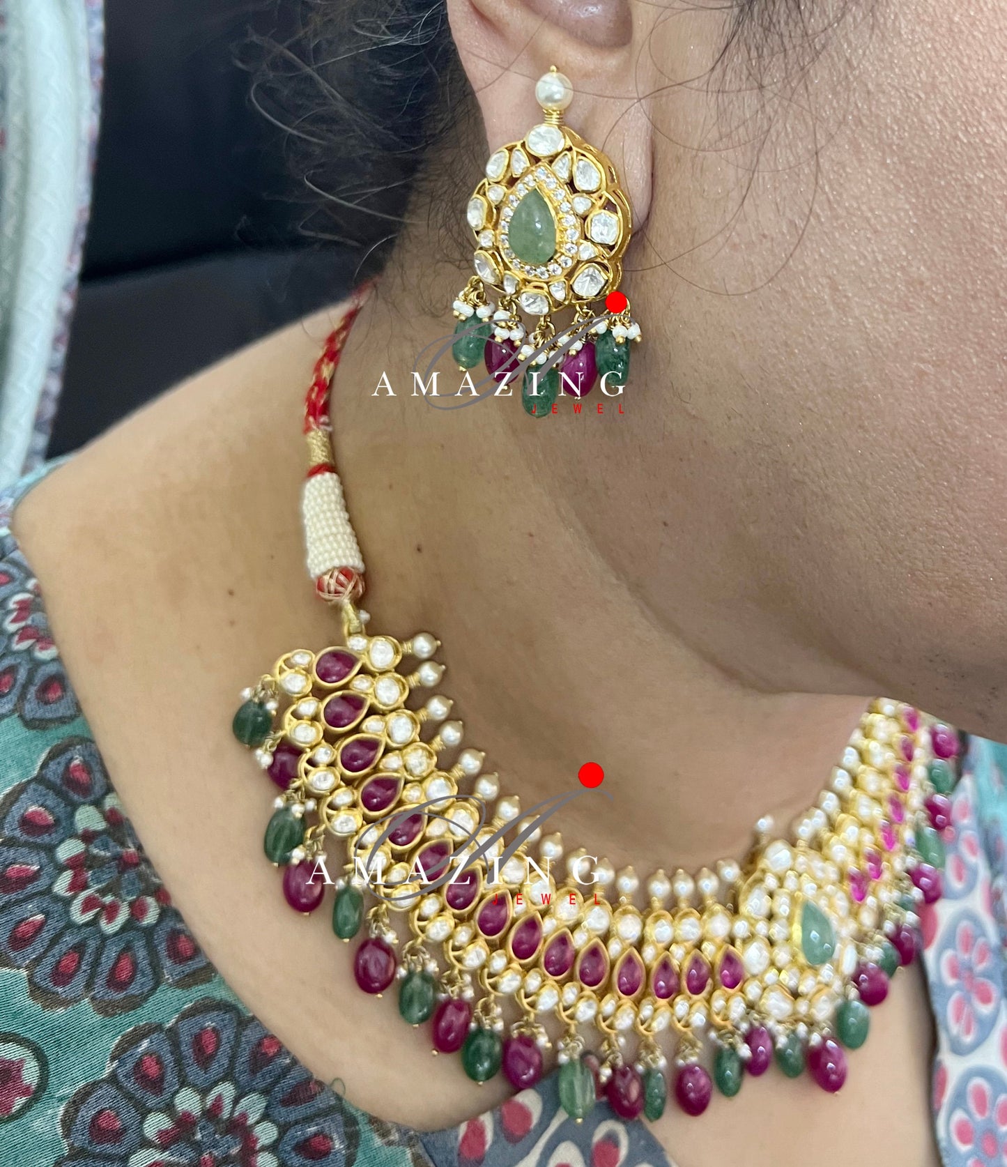 Silver Set ,Emerald & Ruby Polki Set ,Moissanite Polki Jewelery, Wedding Jewelery, South Indian Wedding Necklace Set, Statement Jewelery