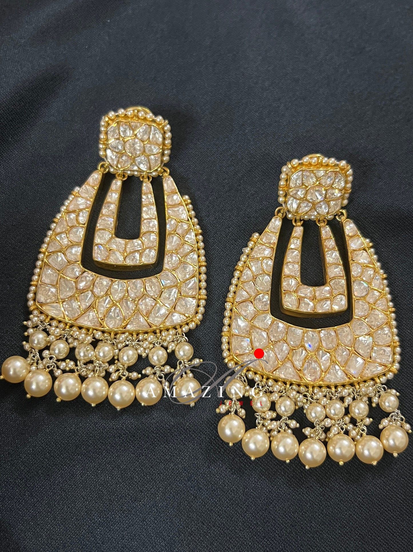 Silver Moissanite Polki with Pearls Earring  Moissanite Kundan Chandelier  Bridal Jewelry  Traditional Jewelry   925 Sterling Silver Earring