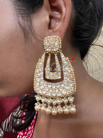 Silver Moissanite Polki with Pearls Earring  Moissanite Kundan Chandelier  Bridal Jewelry  Traditional Jewelry   925 Sterling Silver Earring