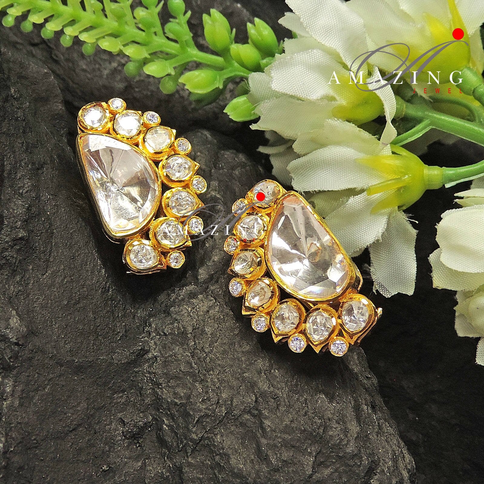 Silver Moissanite Polki Earring, Kundan Earring, Silver Stud, Earring, Bridal Jewelery, Traditional Jewelery, Women Jewelery, Studs