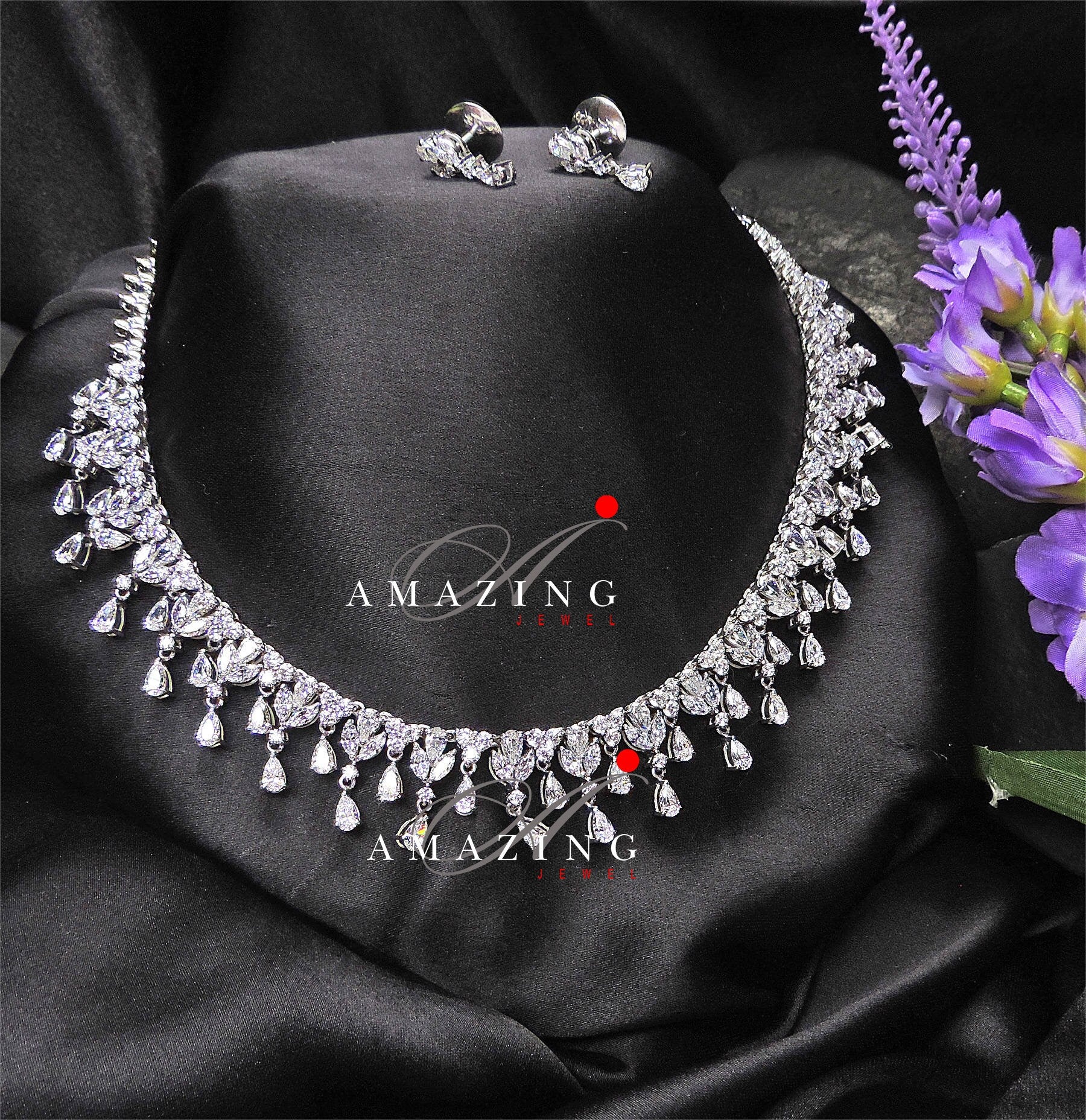 Silver Swarovski Set, Wedding Jewelery, Bridal Jewellery, Party wear Jewellery, Silver Necklace Set, Travel Jewellery, Diamond look alike