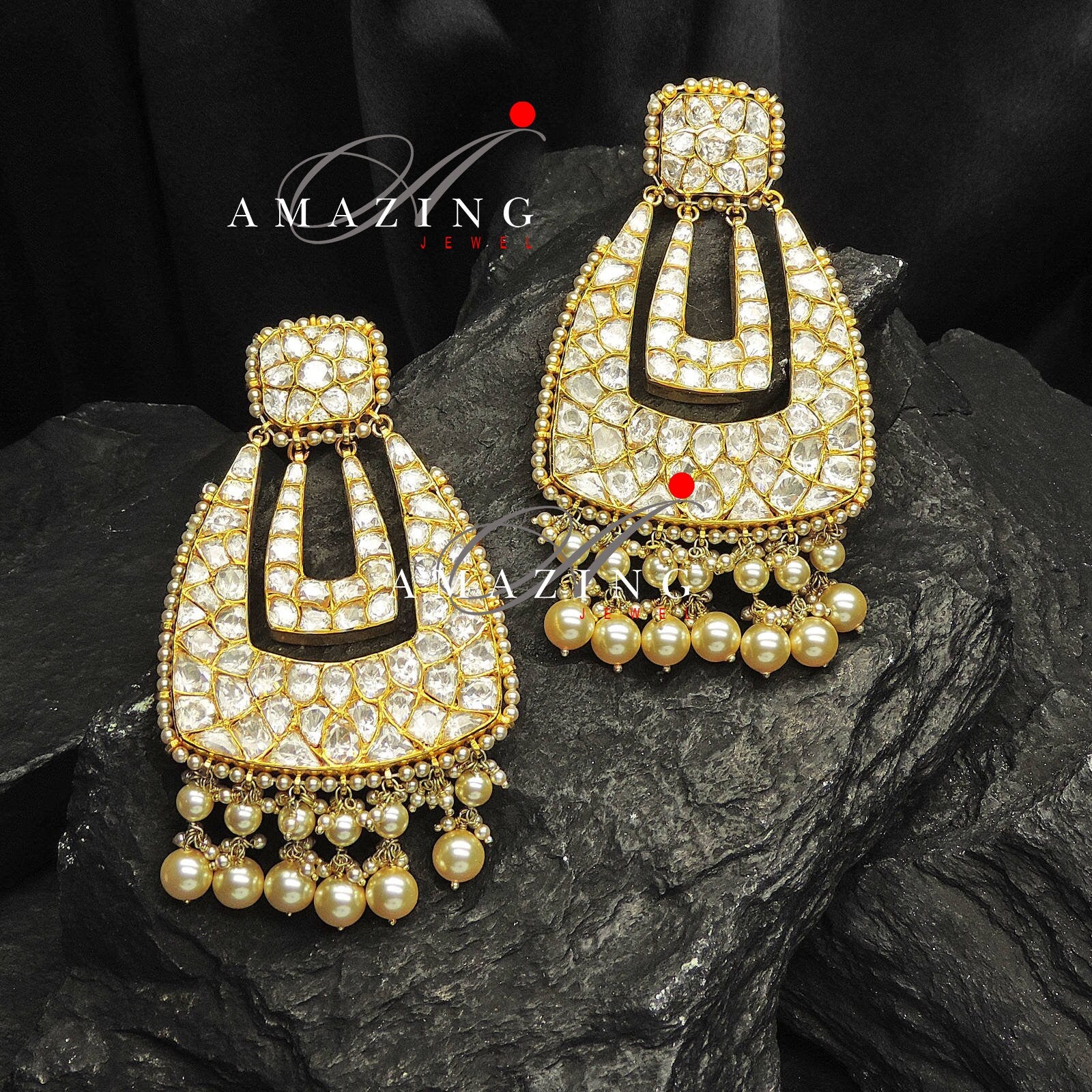 Silver Moissanite Polki with Pearls Earring  Moissanite Kundan Chandelier  Bridal Jewelry  Traditional Jewelry   925 Sterling Silver Earring