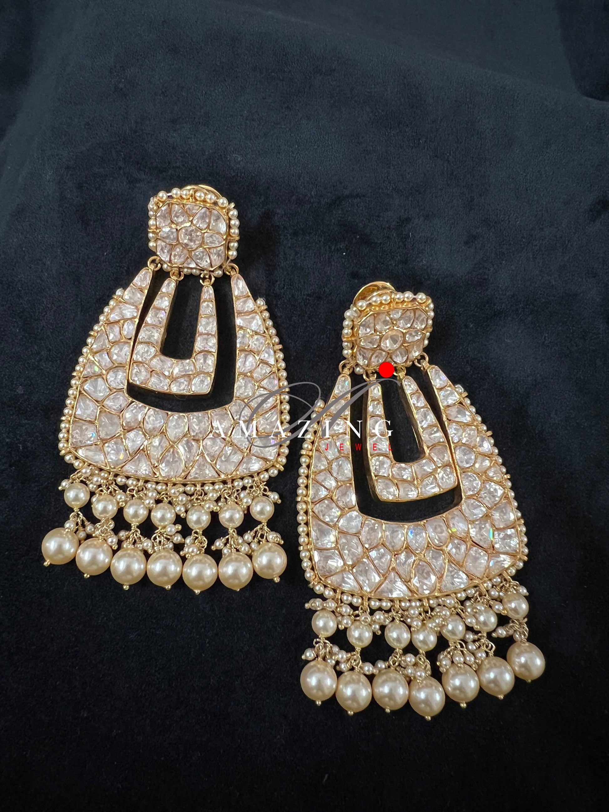 Silver Moissanite Polki with Pearls Earring  Moissanite Kundan Chandelier  Bridal Jewelry  Traditional Jewelry   925 Sterling Silver Earring