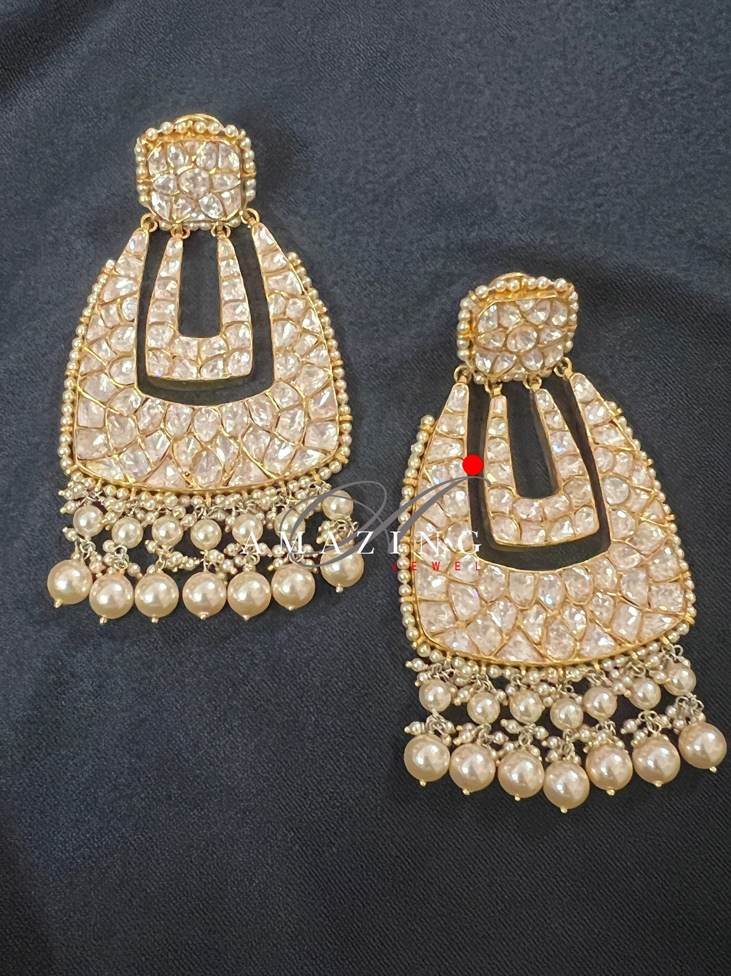 Silver Moissanite Polki with Pearls Earring  Moissanite Kundan Chandelier  Bridal Jewelry  Traditional Jewelry   925 Sterling Silver Earring