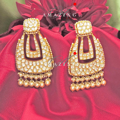 Silver Moissanite Polki with Pearls Earring  Moissanite Kundan Chandelier  Bridal Jewelry  Traditional Jewelry   925 Sterling Silver Earring