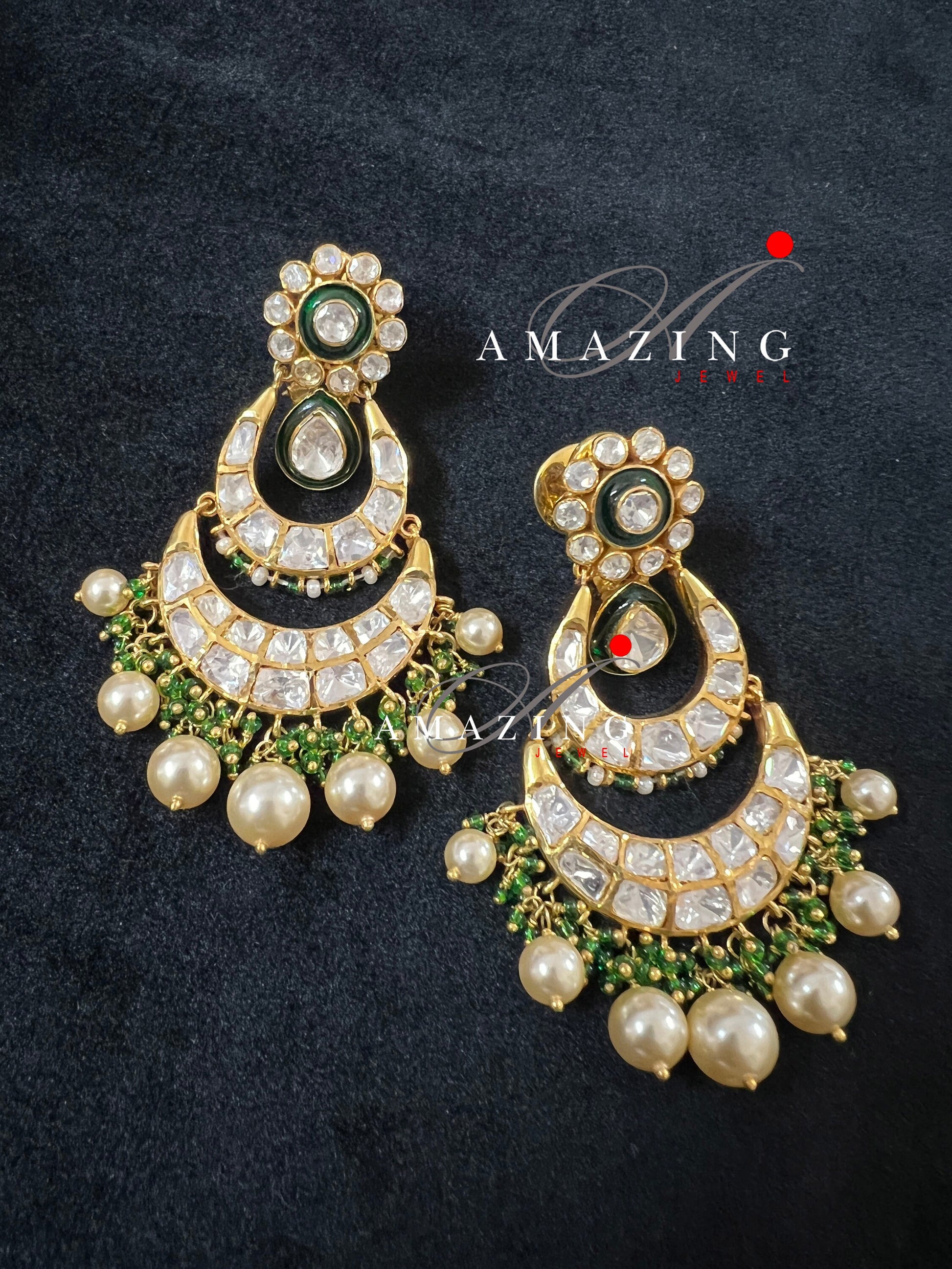 Silver Moissanite Polki Enamel Earring, Moissanite Polki Earring, Chandelier Earrings,Bridal Jewelery, Silver Kundan Earring, Enamel Earring