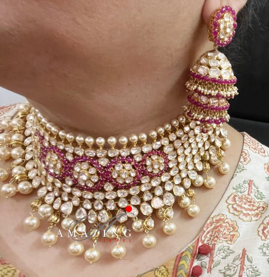 Silver Moissanite Polki Choker Set, Bridal Necklace, Wedding Jewelery, Sterling Silver Necklace Set, Polki Choker Set, Choker, Earrings