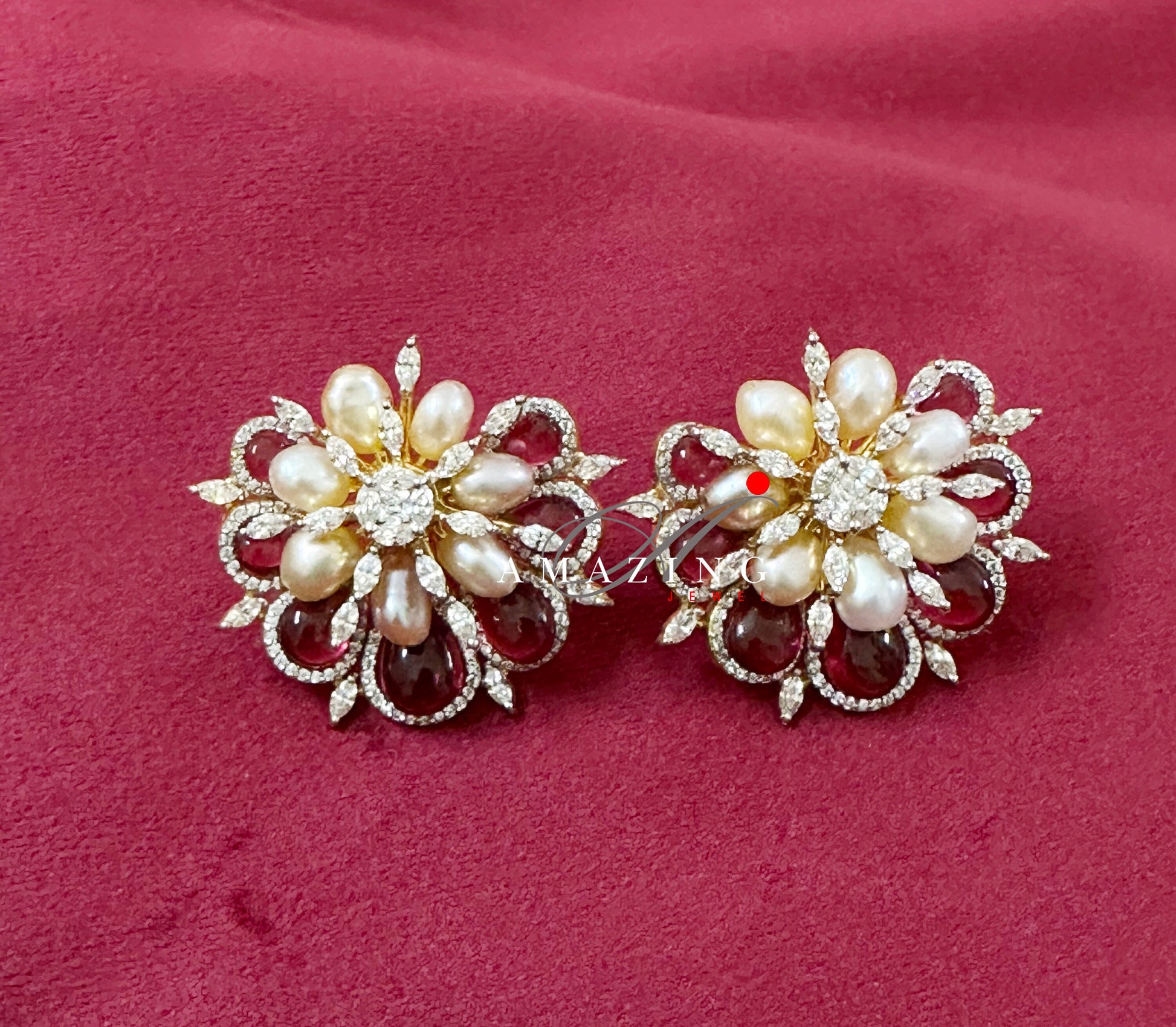 Silver Swarovski Cubic Zirconia Earring, Swarovski Studs, Contemporary Earring, Silver Studs, Fine Jewelery, Ruby Keshi Pearl Stud, Studs