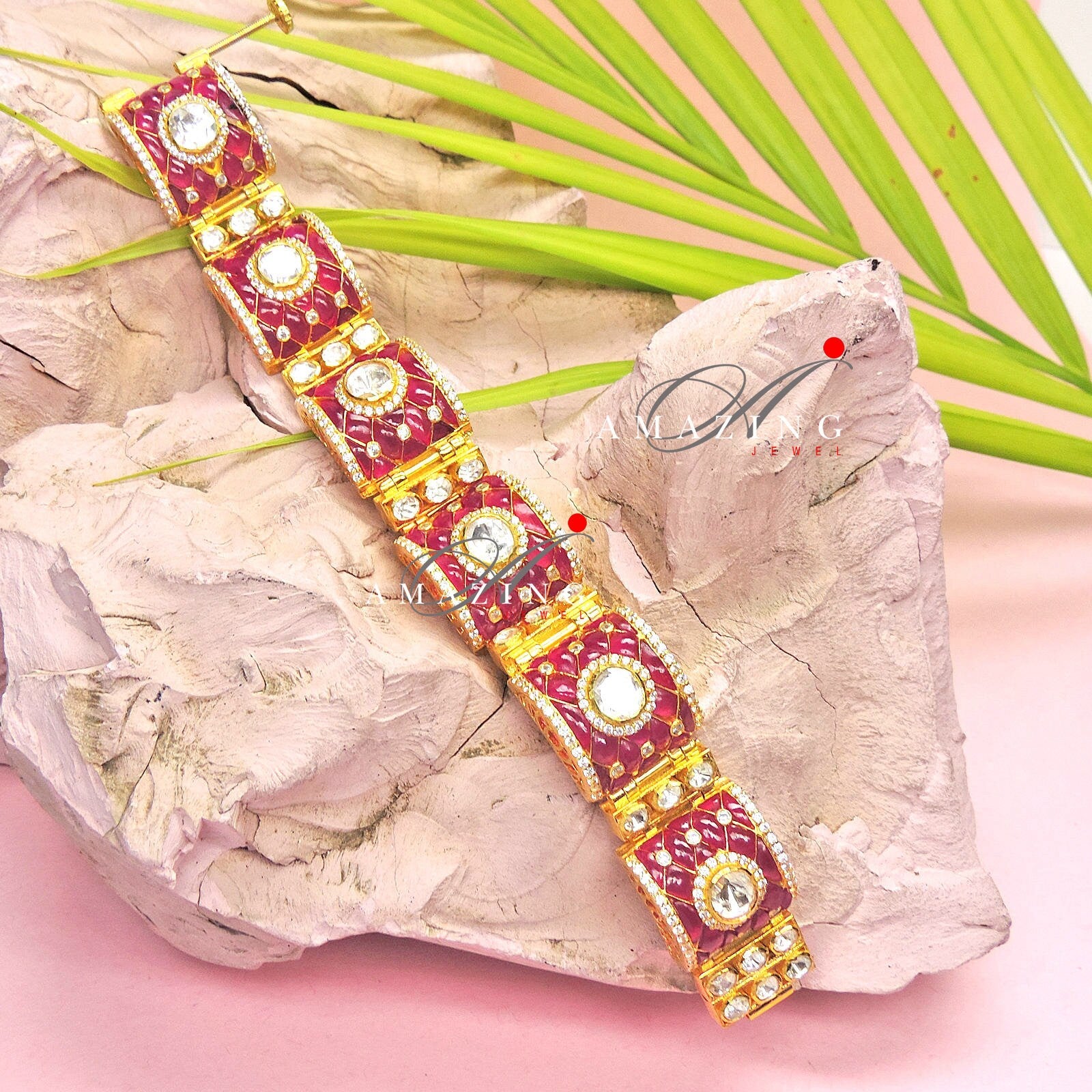 Silver Moissanite Polki with Hydro Ruby Chip Stones Bracelet,Indian Traditional Bracelet,Moissanite Bracelets with Screw lock,Bridal Jewelry