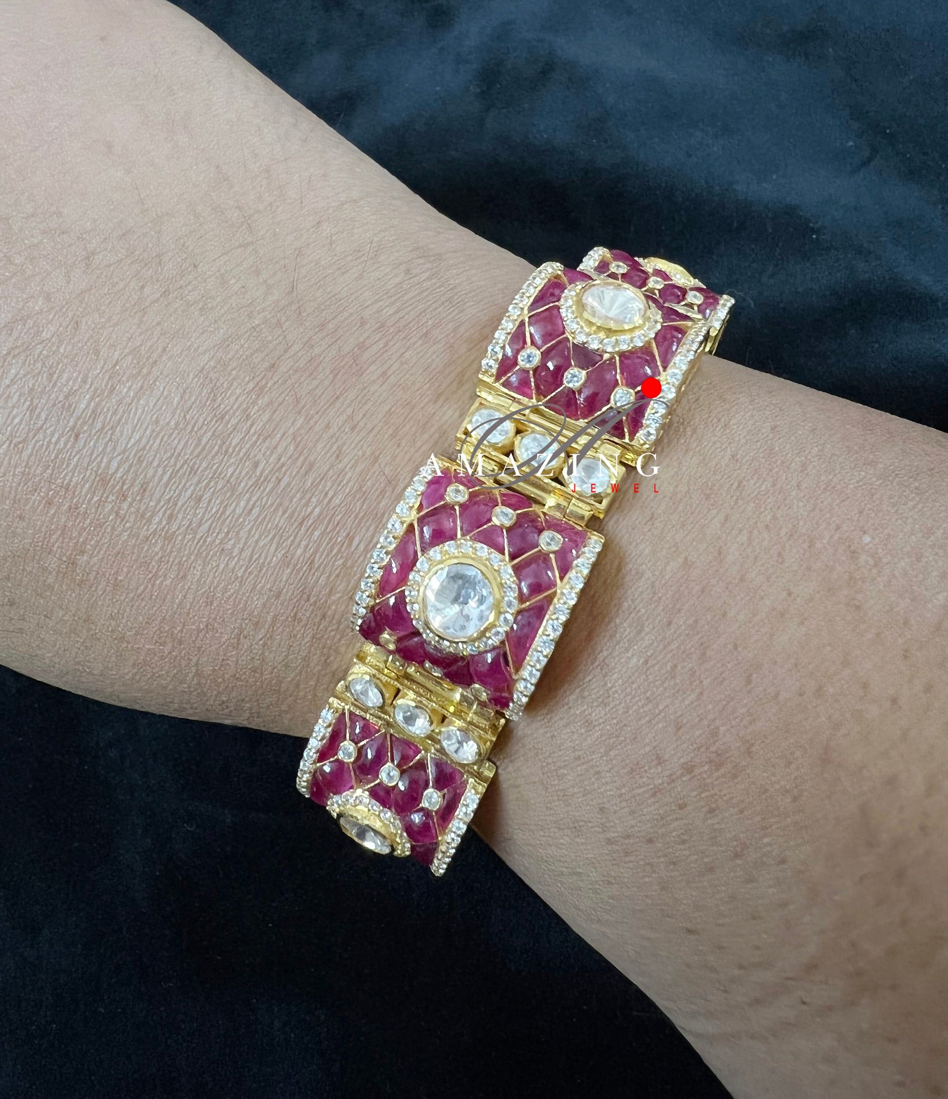 Silver Moissanite Polki with Hydro Ruby Chip Stones Bracelet,Indian Traditional Bracelet,Moissanite Bracelets with Screw lock,Bridal Jewelry