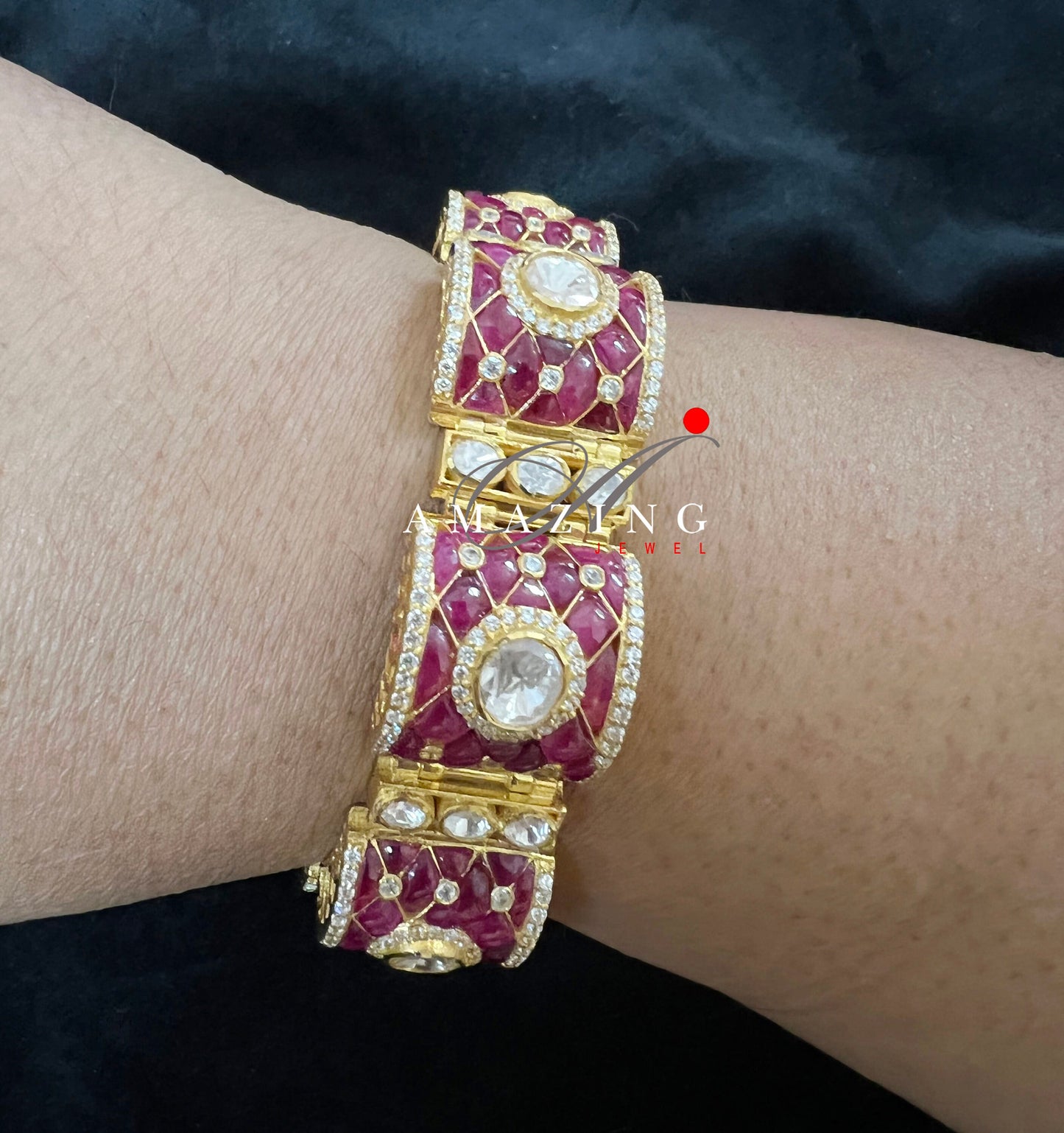 Silver Moissanite Polki with Hydro Ruby Chip Stones Bracelet,Indian Traditional Bracelet,Moissanite Bracelets with Screw lock,Bridal Jewelry