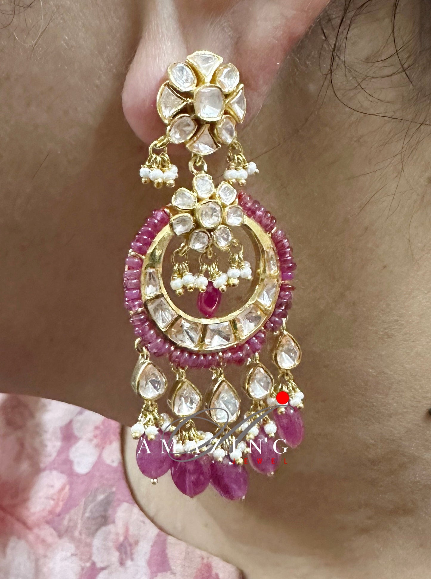 Silver Moissanite Polki Chandbali, Wedding Jewelery, Moissanite Polki  Earring, Ruby Polki Earring, Ruby Earring,Wedding Jewellery,Chandbali