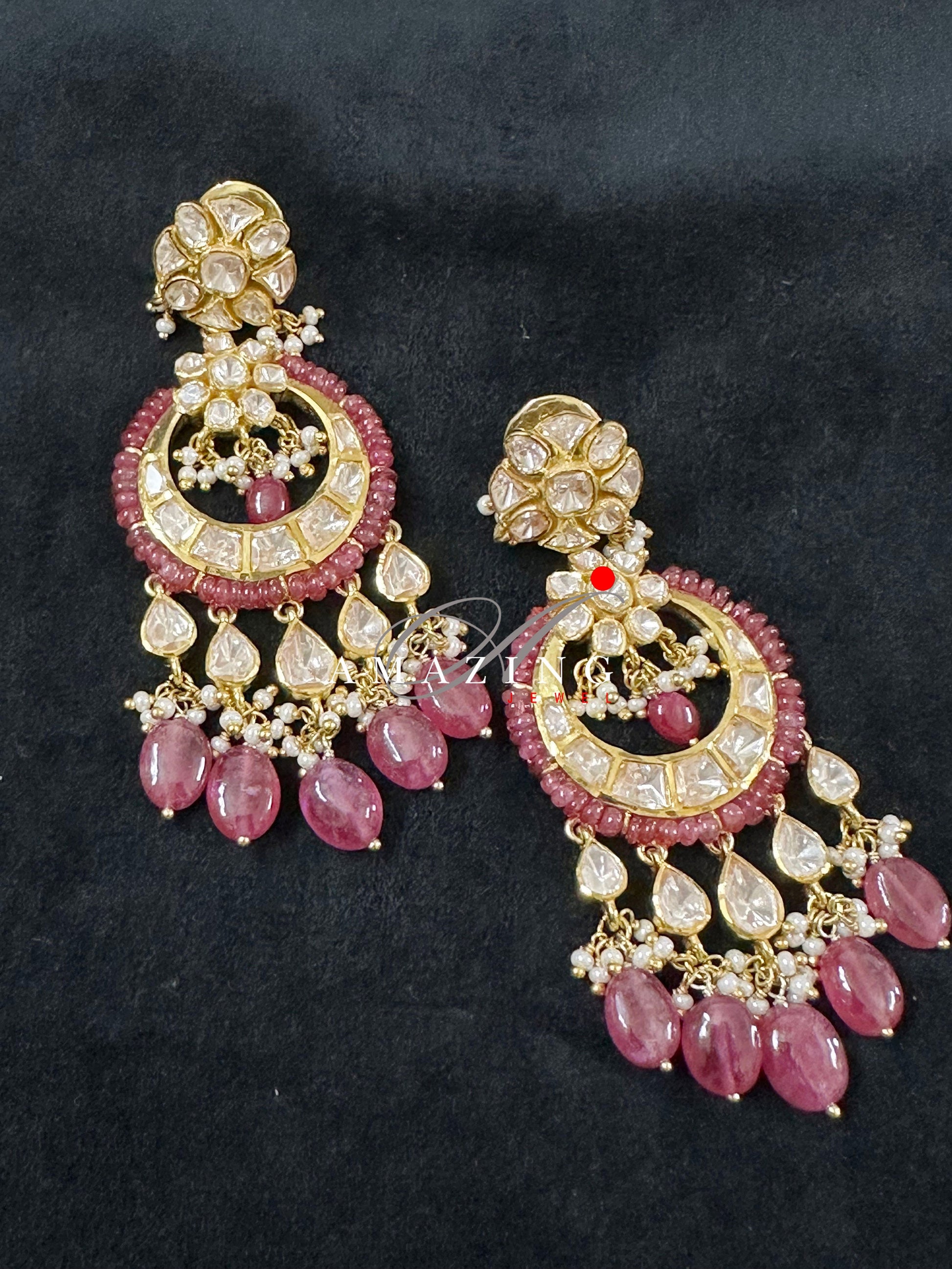 Silver Moissanite Polki Chandbali, Wedding Jewelery, Moissanite Polki  Earring, Ruby Polki Earring, Ruby Earring,Wedding Jewellery,Chandbali