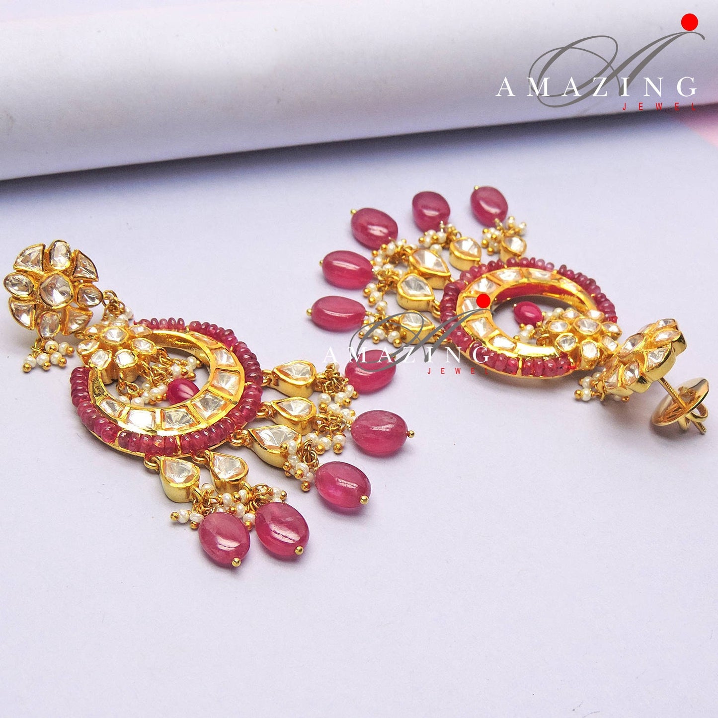 Silver Moissanite Polki Chandbali, Wedding Jewelery, Moissanite Polki  Earring, Ruby Polki Earring, Ruby Earring,Wedding Jewellery,Chandbali