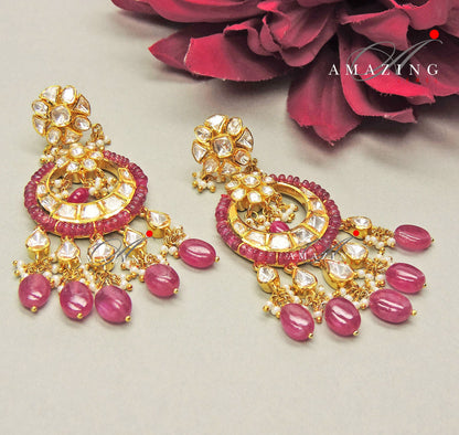 Silver Moissanite Polki Chandbali, Wedding Jewelery, Moissanite Polki  Earring, Ruby Polki Earring, Ruby Earring,Wedding Jewellery,Chandbali