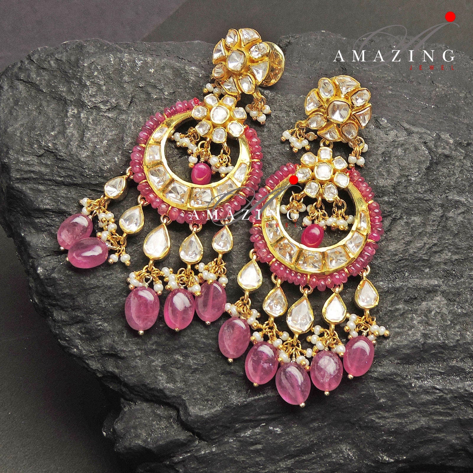 Silver Moissanite Polki Chandbali, Wedding Jewelery, Moissanite Polki  Earring, Ruby Polki Earring, Ruby Earring,Wedding Jewellery,Chandbali