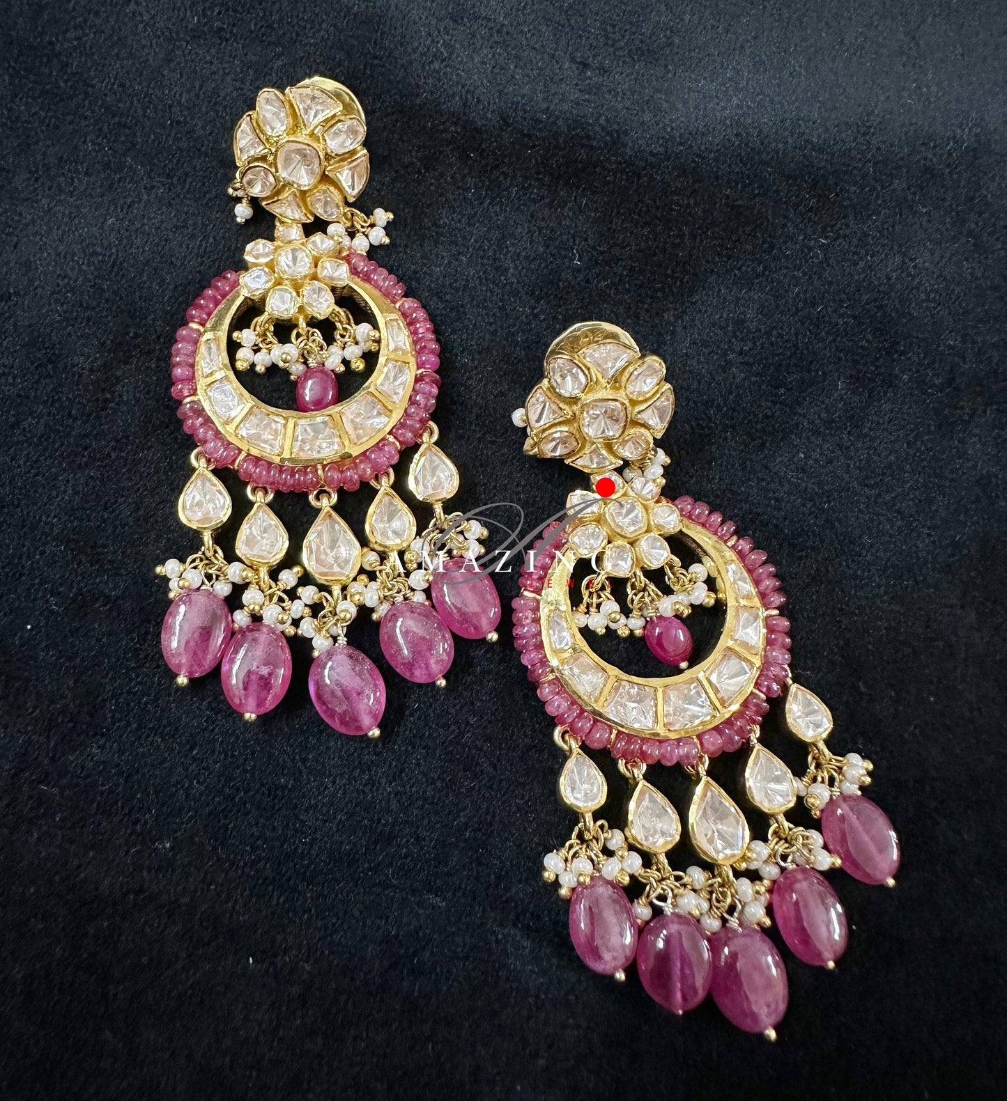 Silver Moissanite Polki Chandbali, Wedding Jewelery, Moissanite Polki  Earring, Ruby Polki Earring, Ruby Earring,Wedding Jewellery,Chandbali