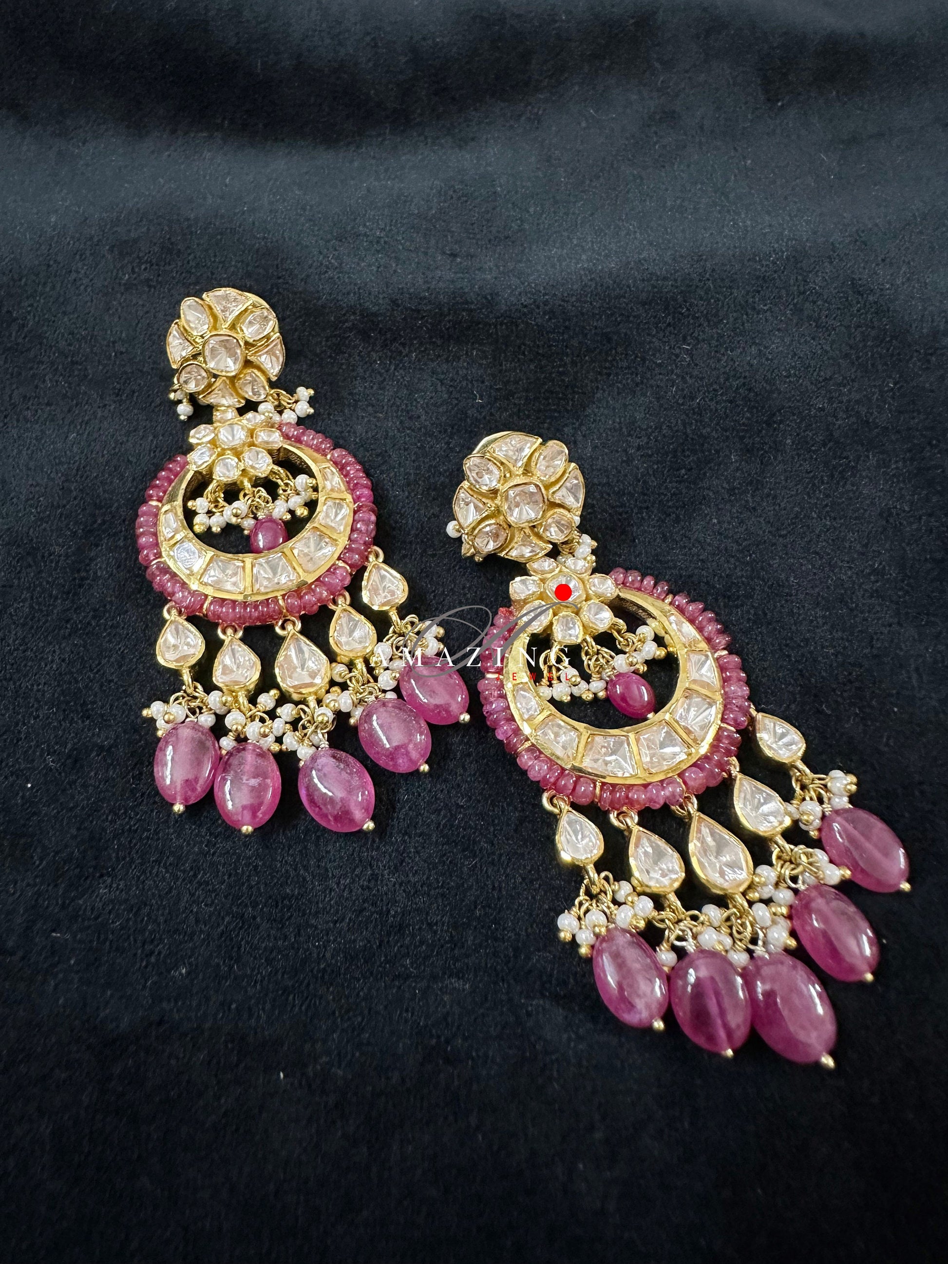 Silver Moissanite Polki Chandbali, Wedding Jewelery, Moissanite Polki  Earring, Ruby Polki Earring, Ruby Earring,Wedding Jewellery,Chandbali