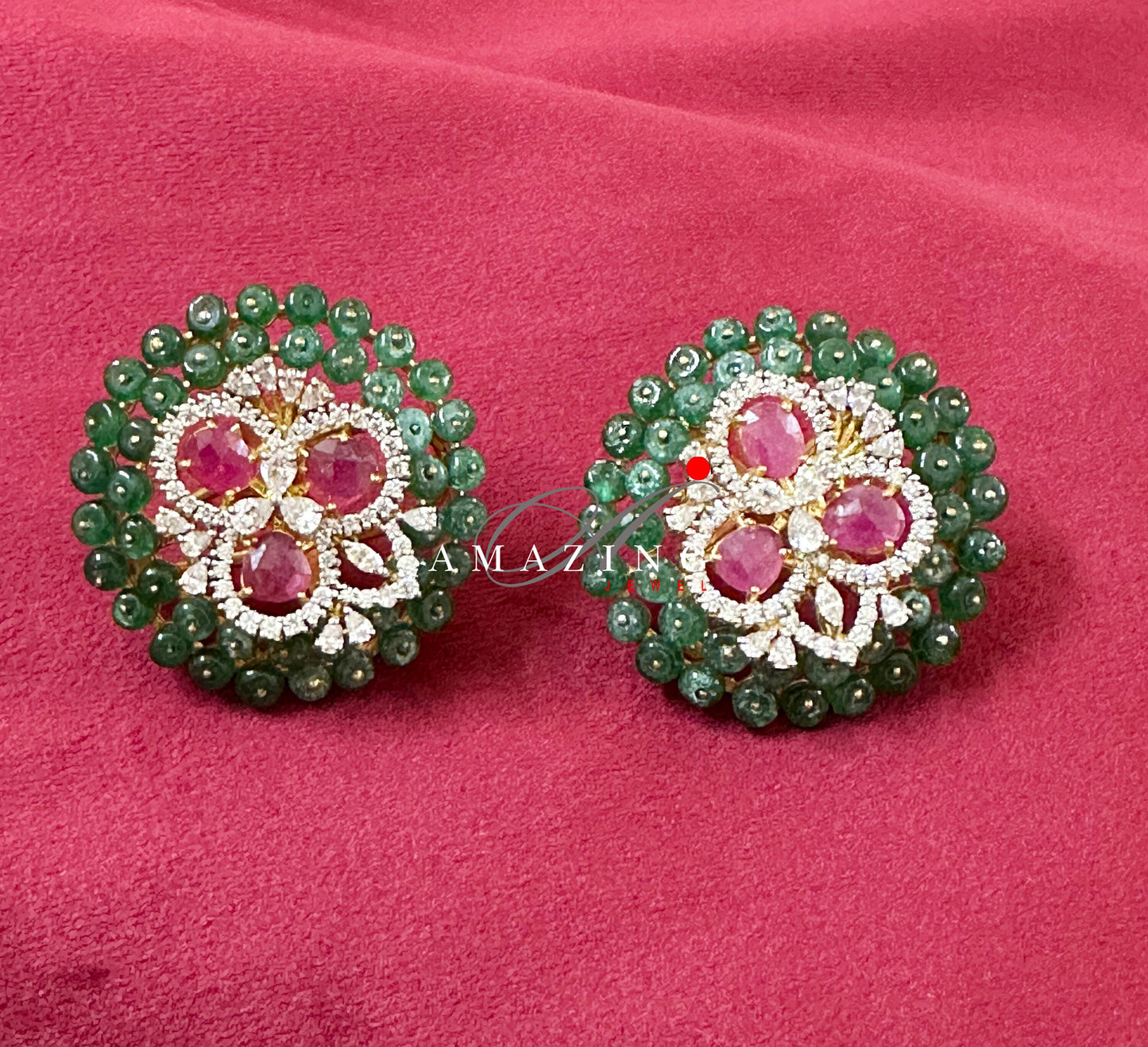 Silver Swarovski Cubic Zirconia Earring, Ruby Emerald Studs,  Bridal Jewelery, Wedding Jewelery, Silver Earring,Statement Earrings,Swarovski