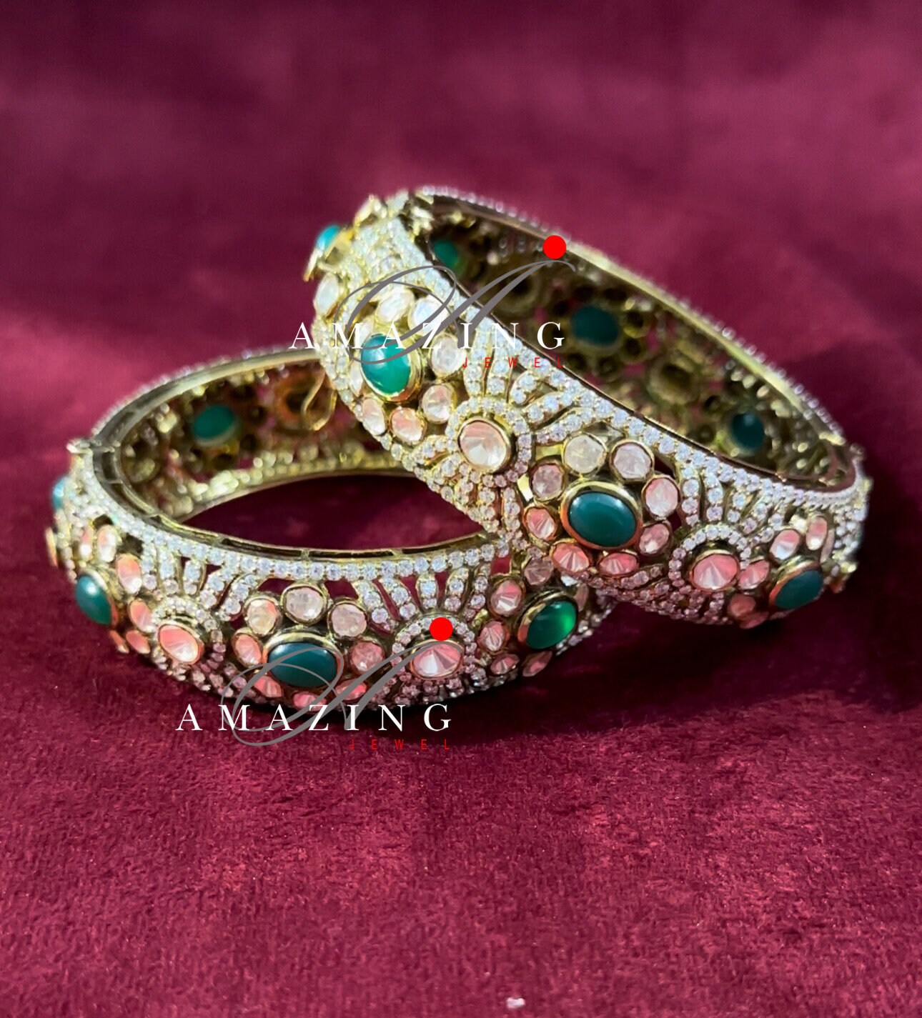 Silver Moissanite Polki Emerald Oxidized Bangle, Moissanite Polki Bangles, Bangles, Wedding Jewelery, Sterling Silver, Polki Bangles