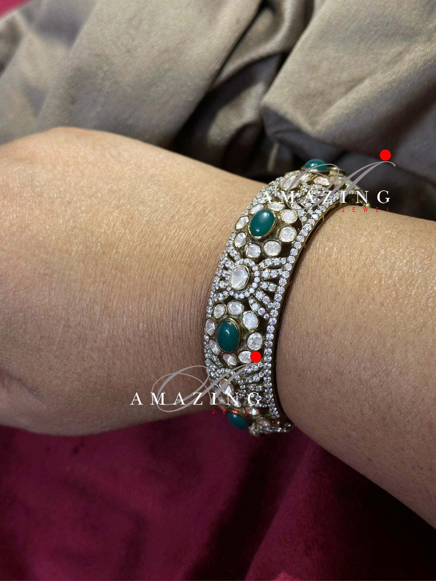 Silver Moissanite Polki Emerald Oxidized Bangle, Moissanite Polki Bangles, Bangles, Wedding Jewelery, Sterling Silver, Polki Bangles