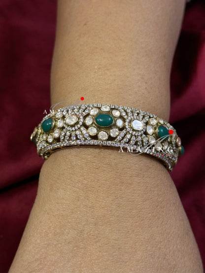 Silver Moissanite Polki Emerald Oxidized Bangle, Moissanite Polki Bangles, Bangles, Wedding Jewelery, Sterling Silver, Polki Bangles