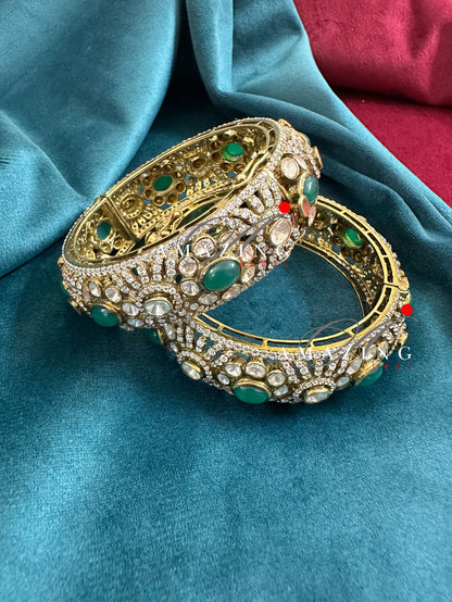 Silver Moissanite Polki Emerald Oxidized Bangle, Moissanite Polki Bangles, Bangles, Wedding Jewelery, Sterling Silver, Polki Bangles