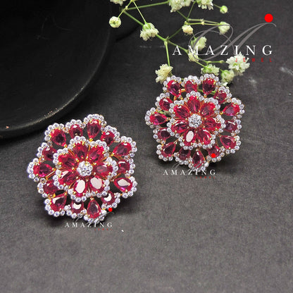 Silver Studded Cubic Zirconia  Ruby Earring ,Swarovski Studs ,Bridal Jewelery ,Contemporary Jewelery , Silver Earring ,Fine Jewelery, Stud