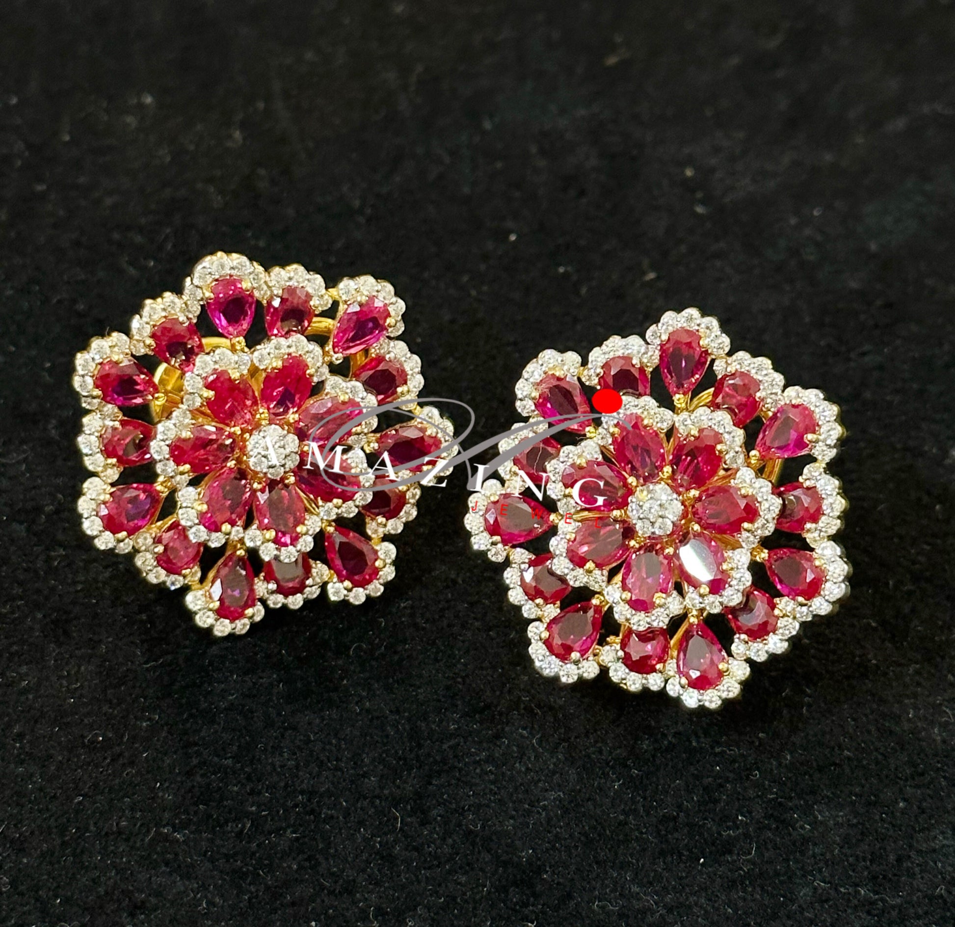 Silver Studded Cubic Zirconia  Ruby Earring ,Swarovski Studs ,Bridal Jewelery ,Contemporary Jewelery , Silver Earring ,Fine Jewelery, Stud