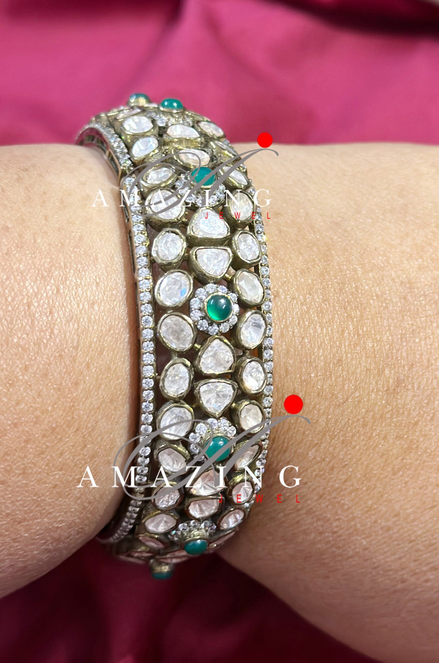 Silver Moissanite Polki Emerald Oxidized Bangle, Moissanite Polki Bangles, Bangles, Wedding Jewelery, Sterling Silver, Polki Bangles