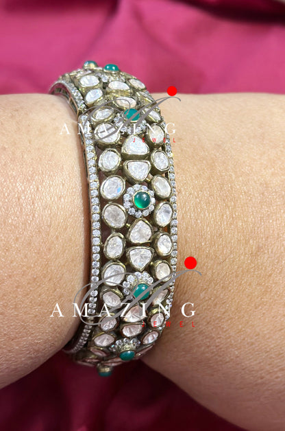 Silver Moissanite Polki Emerald Oxidized Bangle, Moissanite Polki Bangles, Bangles, Wedding Jewelery, Sterling Silver, Polki Bangles