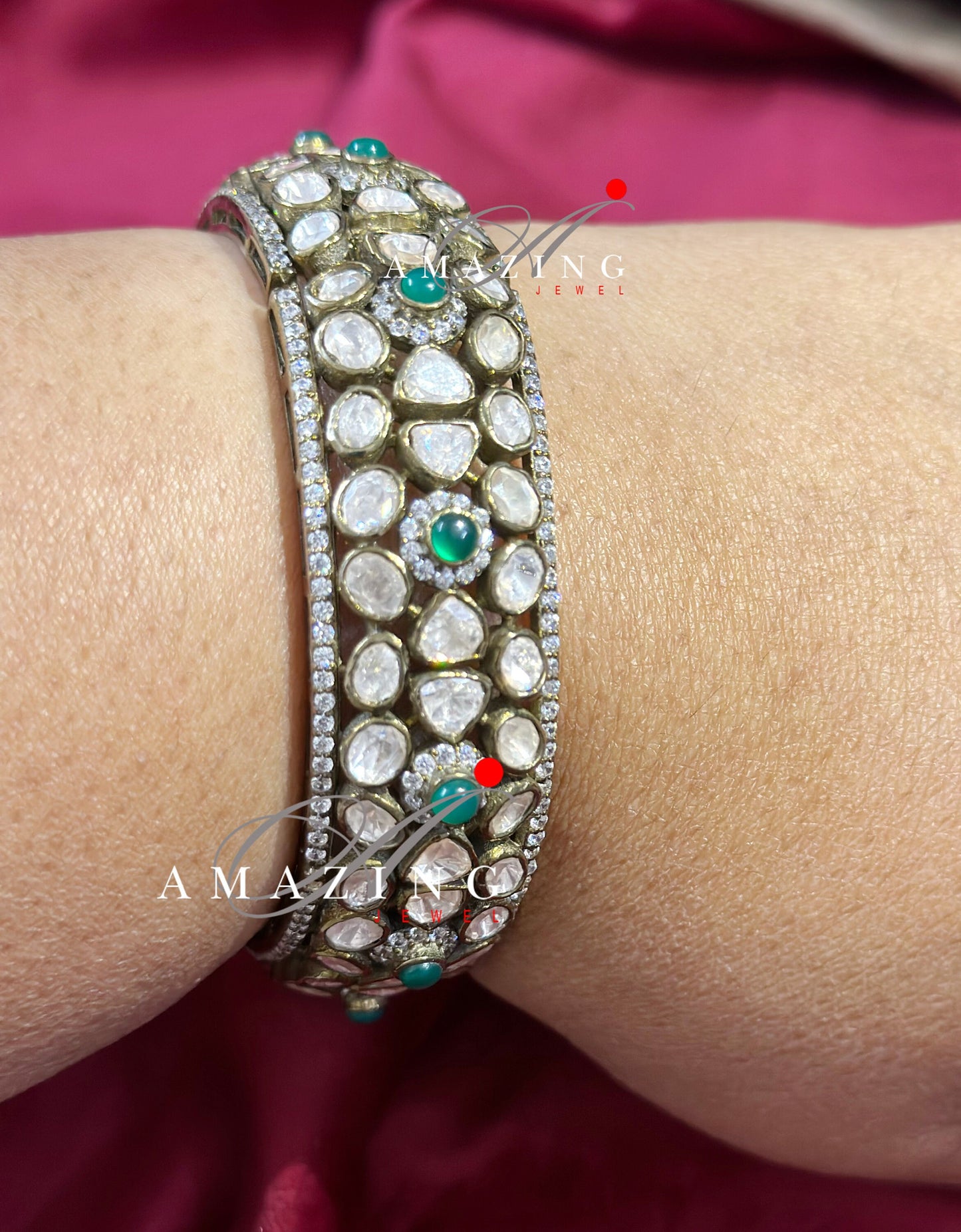 Silver Moissanite Polki Emerald Oxidized Bangle, Moissanite Polki Bangles, Bangles, Wedding Jewelery, Sterling Silver, Polki Bangles