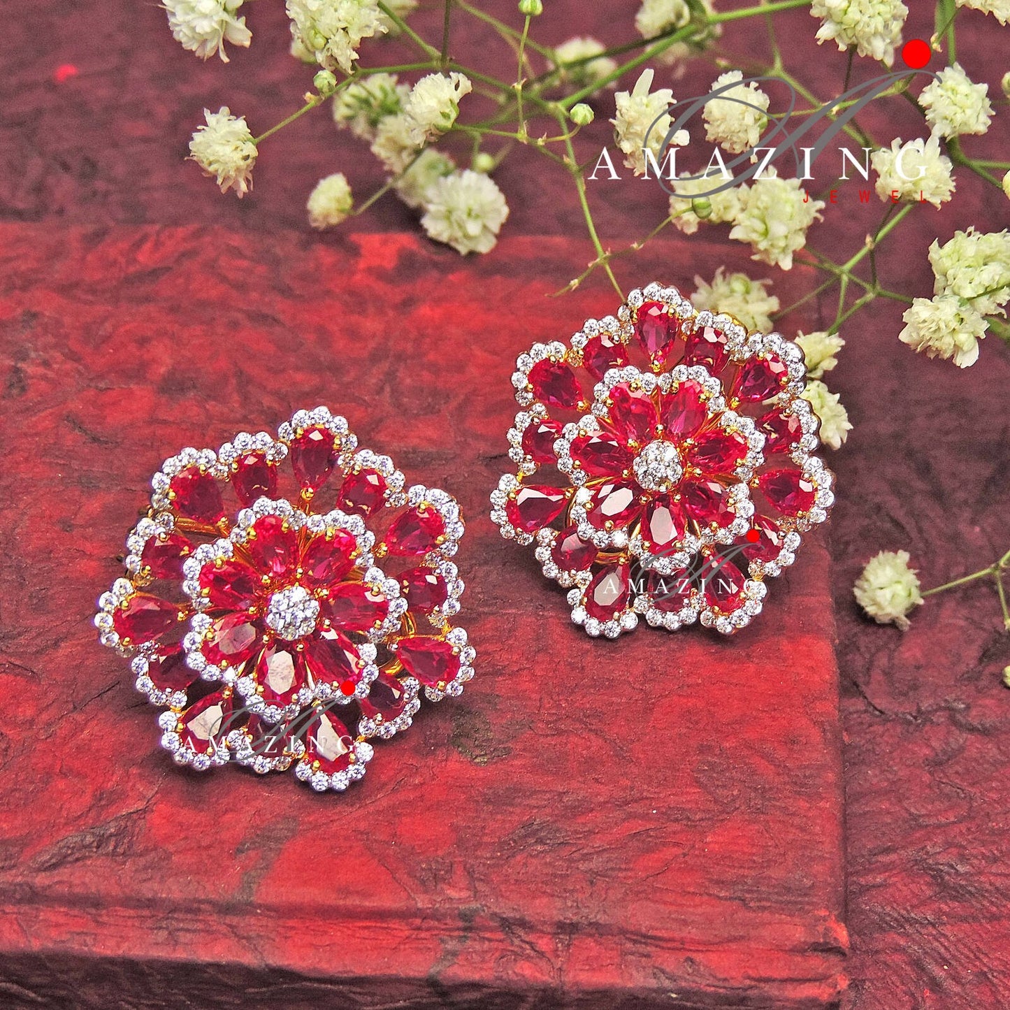 Silver Studded Cubic Zirconia  Ruby Earring ,Swarovski Studs ,Bridal Jewelery ,Contemporary Jewelery , Silver Earring ,Fine Jewelery, Stud