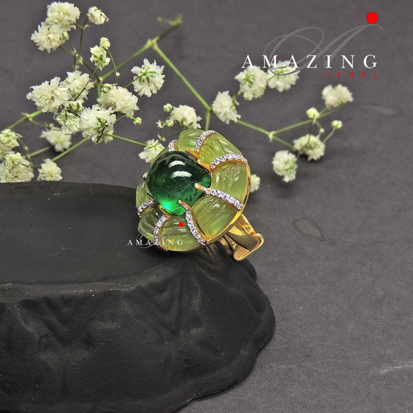 Silver Swarovski Emerald Carved Ring, Cocktail Ring, Cubic Zirconia Emerald Ring, Statement Ring, Silver Cocktail Ring, 925 Silver Ring