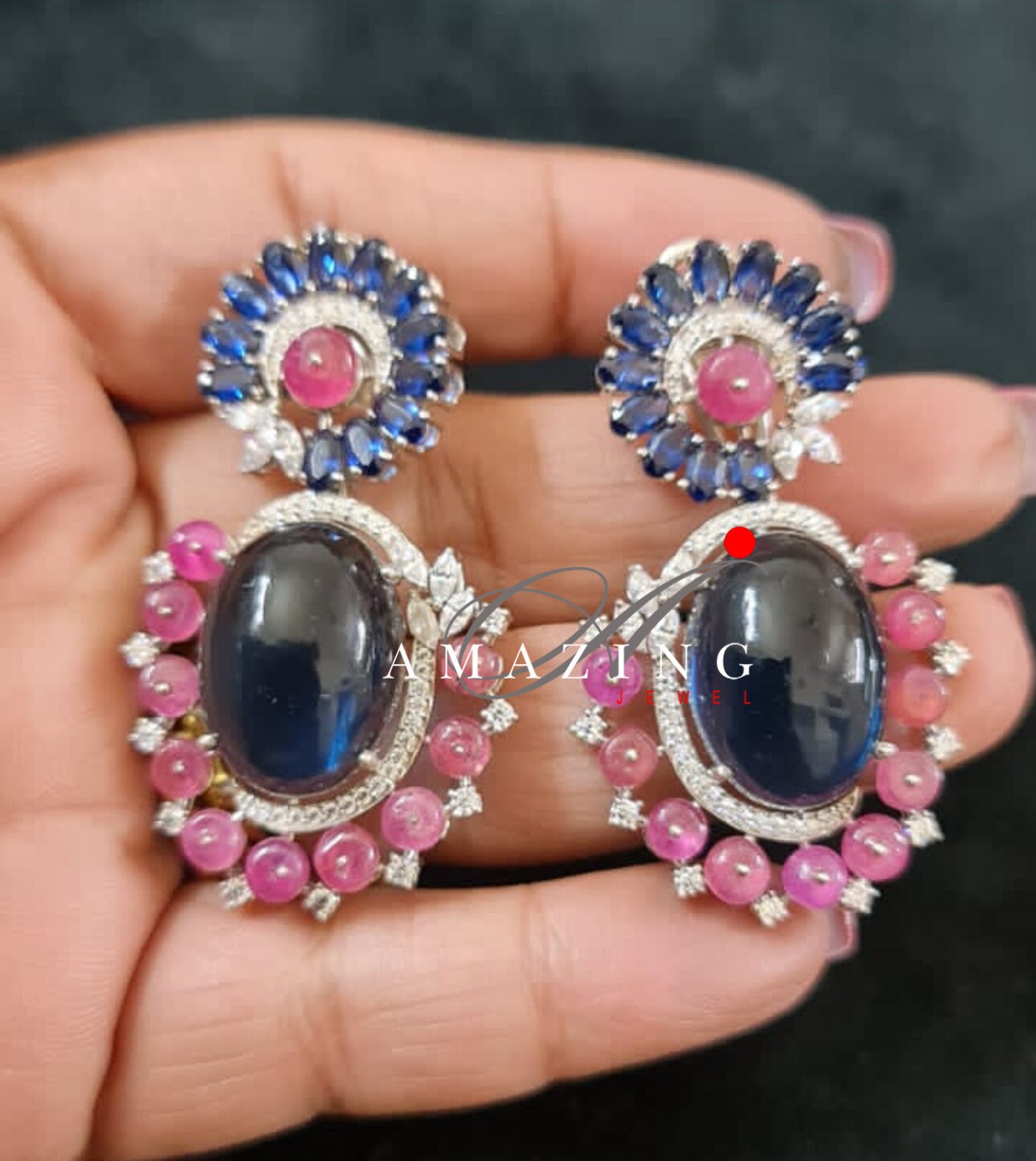 Silver Studded Cubic Zirconia Ruby Sapphire Earring ,Swarovski Studs ,Earring ,Contemporary Jewellery ,925 Silver Earring, Fine Jewellery