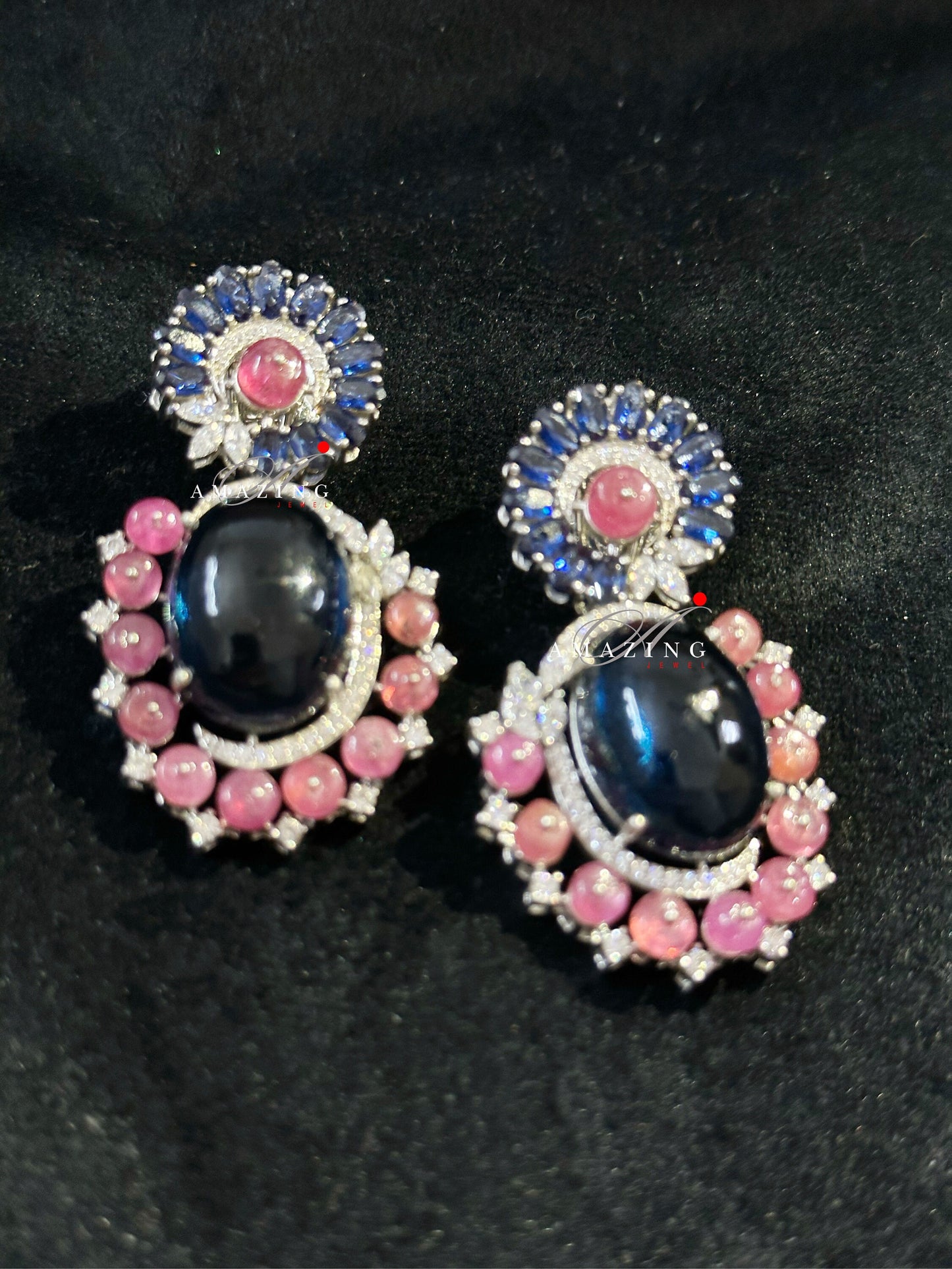 Silver Studded Cubic Zirconia Ruby Sapphire Earring ,Swarovski Studs ,Earring ,Contemporary Jewellery ,925 Silver Earring, Fine Jewellery