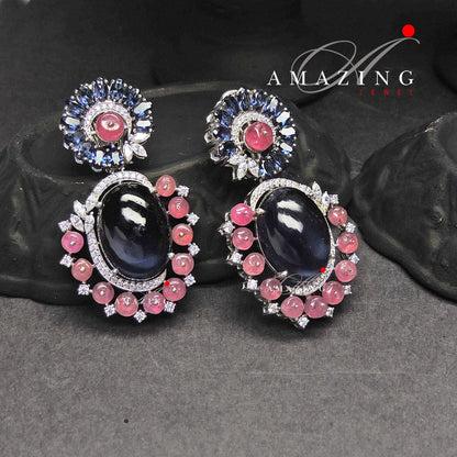 Silver Studded Cubic Zirconia Ruby Sapphire Earring ,Swarovski Studs ,Earring ,Contemporary Jewellery ,925 Silver Earring, Fine Jewellery