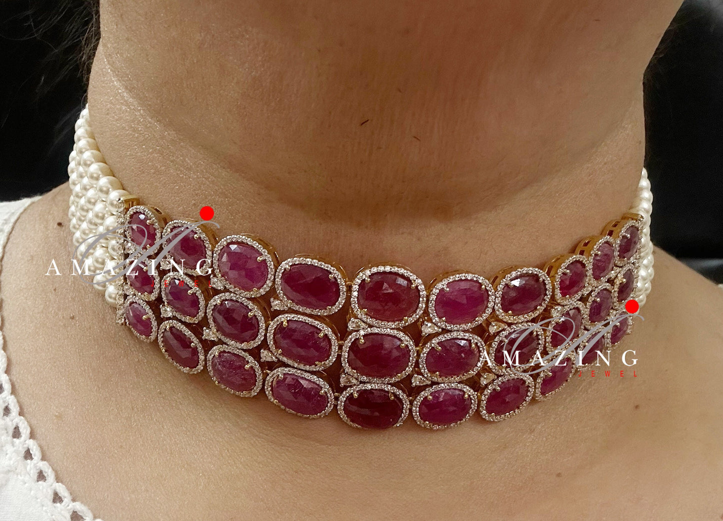 Silver Swarovski Red Choker Necklace, Wedding Jewellery, Bridal Jewellery, 925 Silver Necklace Set, Choker Set, Earrings, Ruby stone Set