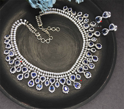 Silver Swarovski & Blue Sapphire Set, Wedding Jewellery Set,Bridal Jewellery, 925 Silver Necklace Set, Cocktail Party Set, Necklace, Earring