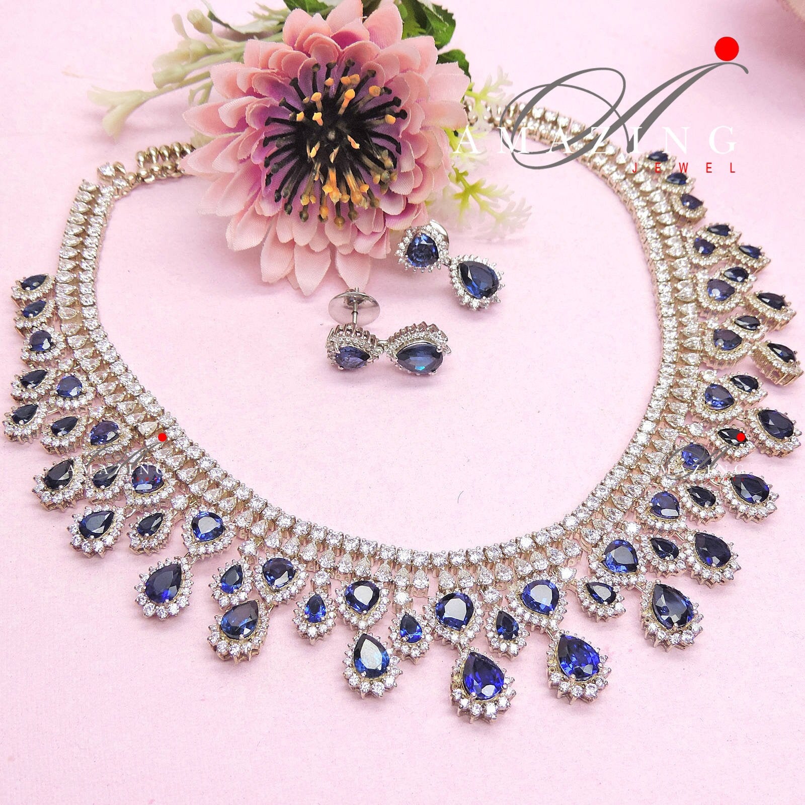 Silver Swarovski & Blue Sapphire Set, Wedding Jewellery Set,Bridal Jewellery, 925 Silver Necklace Set, Cocktail Party Set, Necklace, Earring