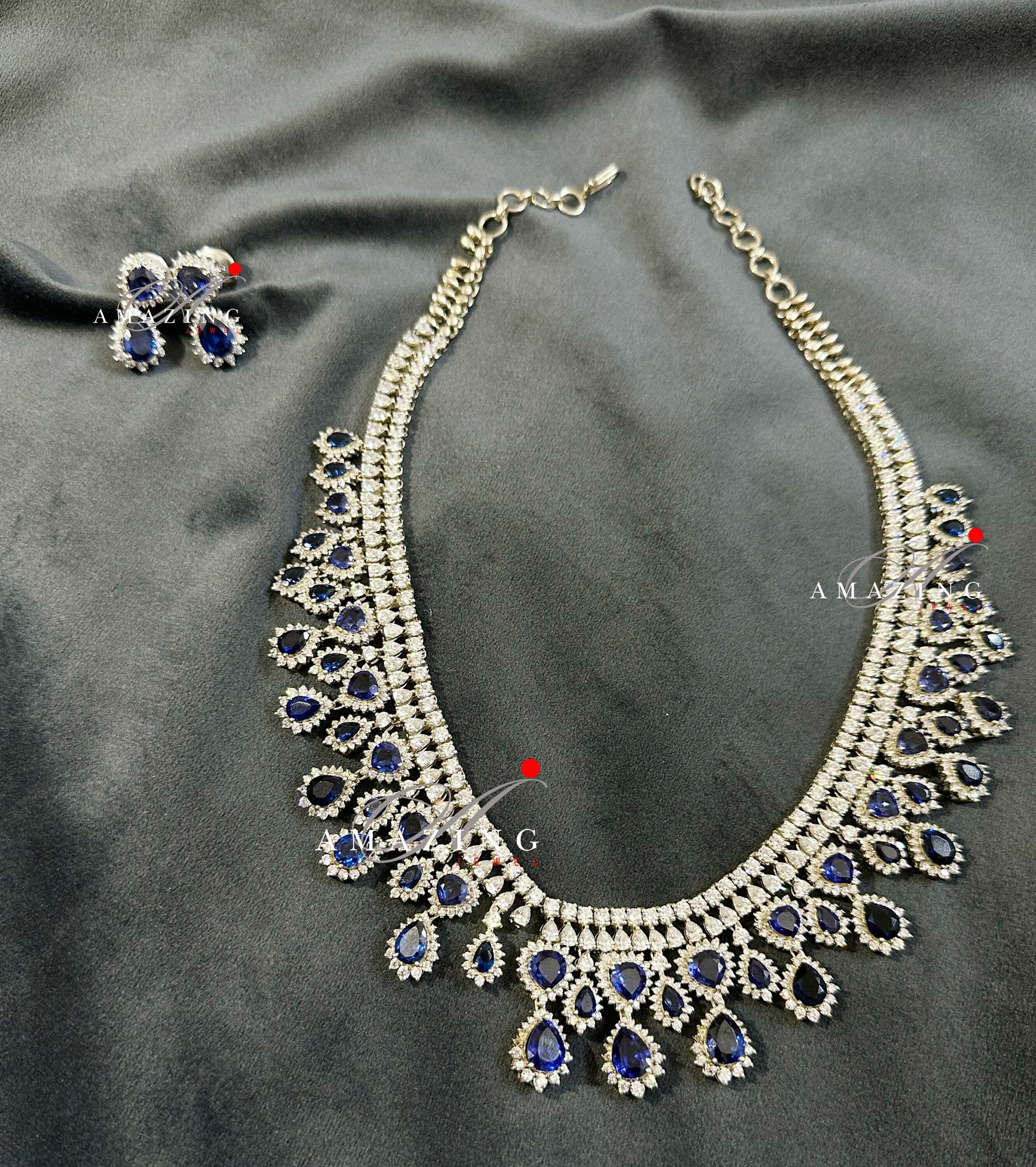 Silver Swarovski & Blue Sapphire Set, Wedding Jewellery Set,Bridal Jewellery, 925 Silver Necklace Set, Cocktail Party Set, Necklace, Earring