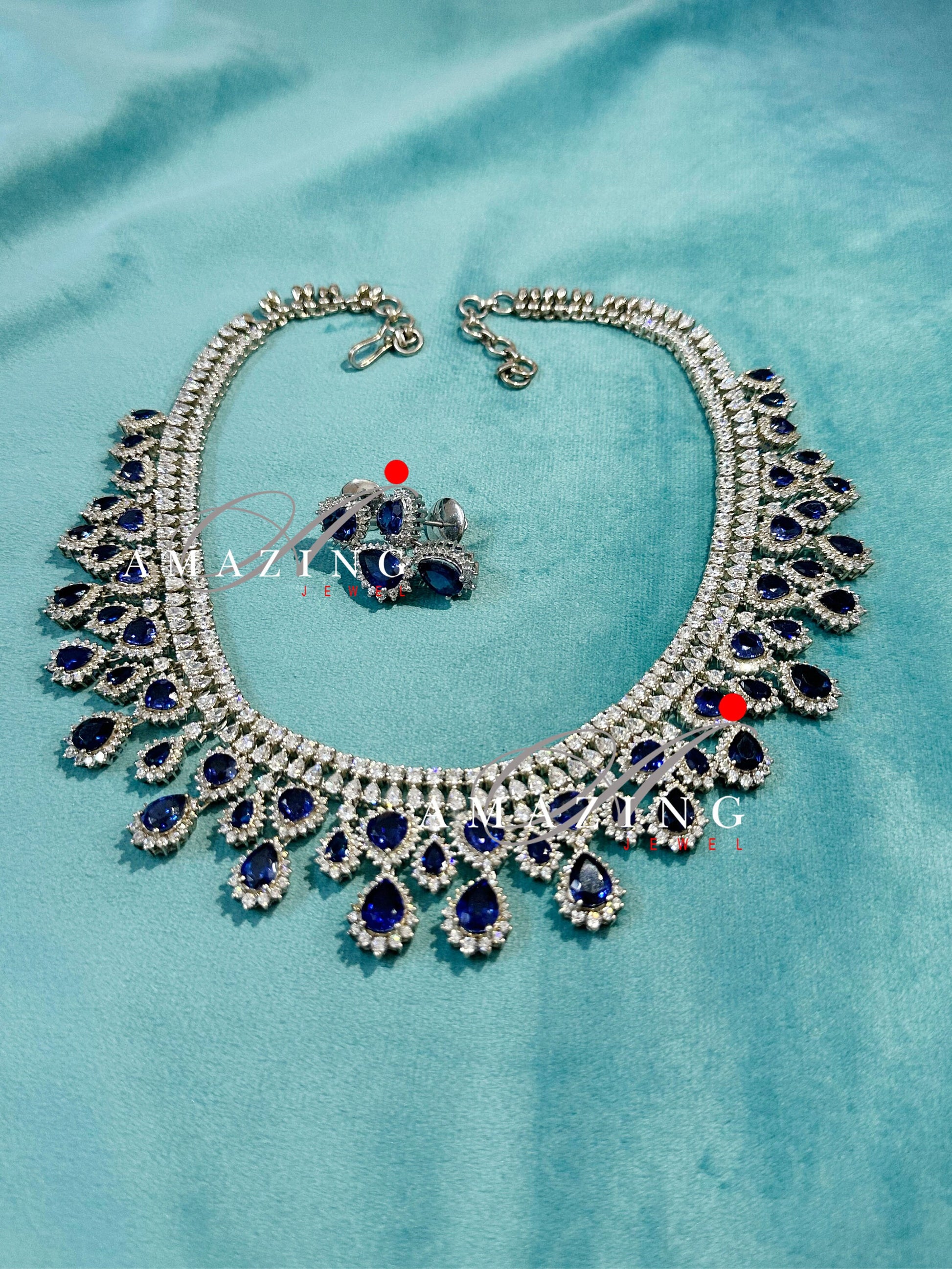 Silver Swarovski & Blue Sapphire Set, Wedding Jewellery Set,Bridal Jewellery, 925 Silver Necklace Set, Cocktail Party Set, Necklace, Earring