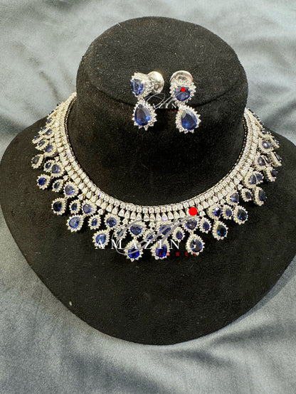 Silver Swarovski & Blue Sapphire Set, Wedding Jewellery Set,Bridal Jewellery, 925 Silver Necklace Set, Cocktail Party Set, Necklace, Earring