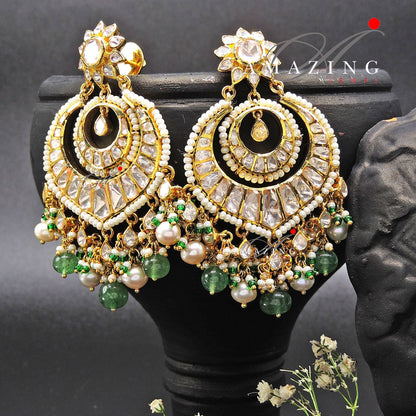 Silver Polki Chandbali, Emerald Earring, Kundan Chandbali, Bridal Jewelery, Traditional Jewelery, 925 Silver Earring, Chandbali, Polki