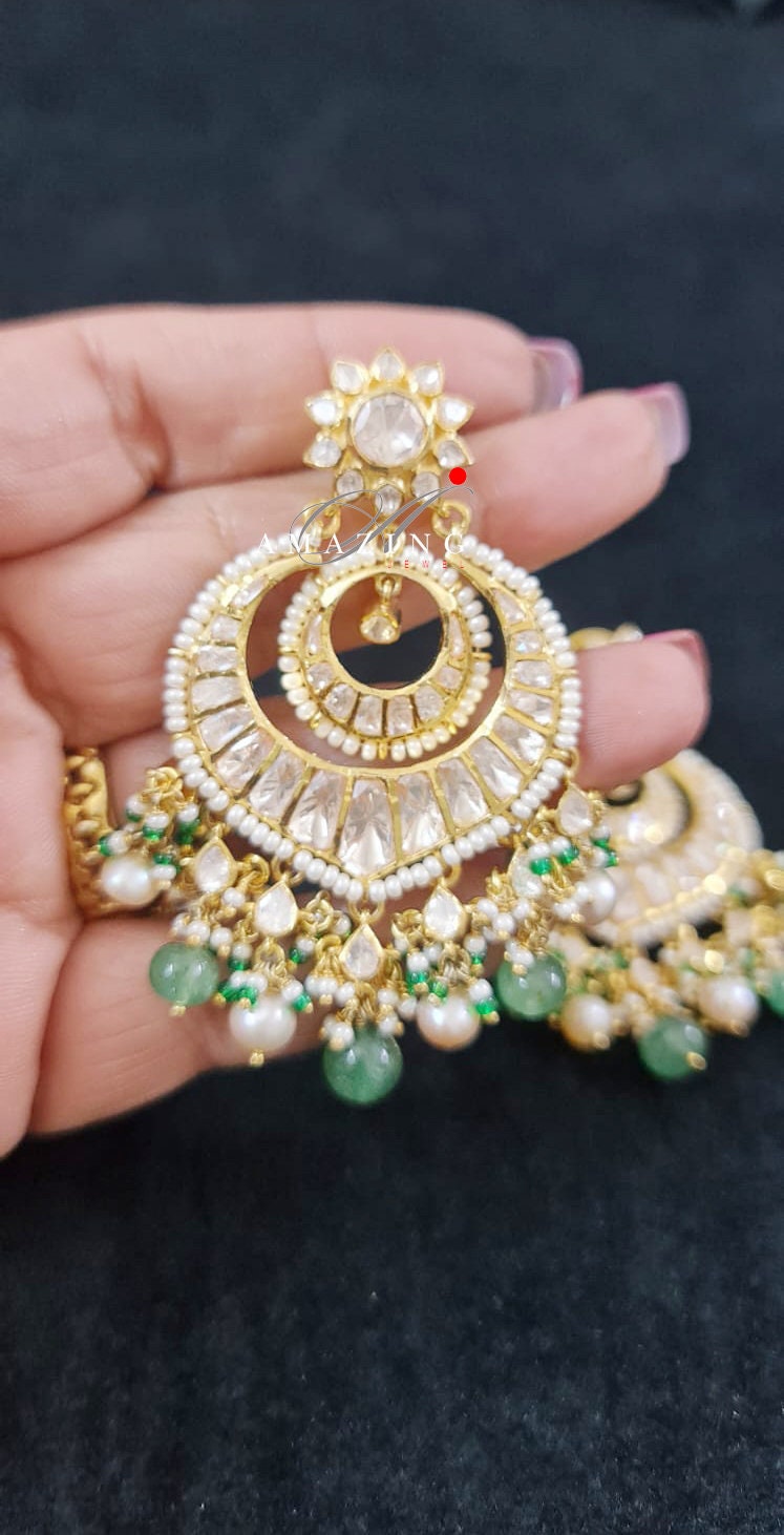 Silver Polki Chandbali, Emerald Earring, Kundan Chandbali, Bridal Jewelery, Traditional Jewelery, 925 Silver Earring, Chandbali, Polki