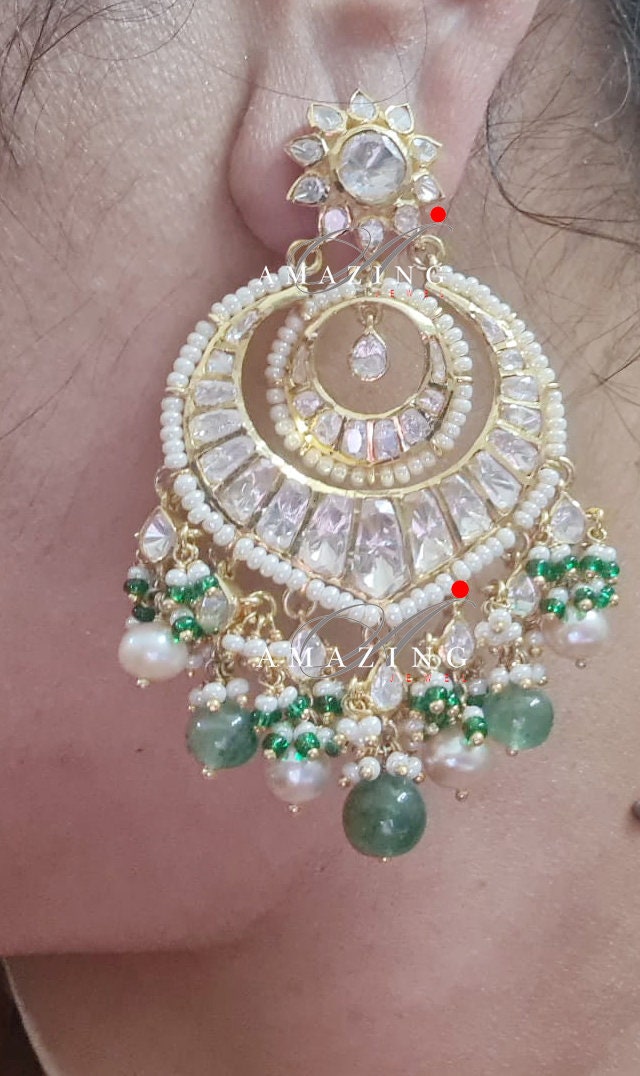 Silver Polki Chandbali, Emerald Earring, Kundan Chandbali, Bridal Jewelery, Traditional Jewelery, 925 Silver Earring, Chandbali, Polki