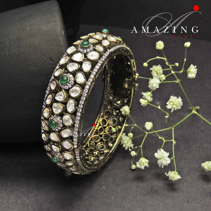 Silver Moissanite Polki Emerald Oxidized Bangle, Moissanite Polki Bangles, Bangles, Wedding Jewelery, Sterling Silver, Polki Bangles